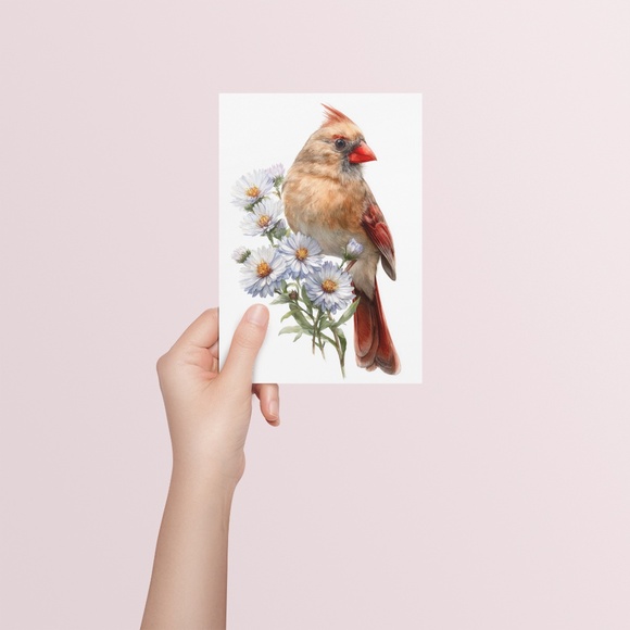 Watercolor Female Cardinal Bird with Flowers Wall Art Print Unframed - Picture 5 of 6